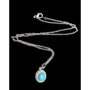 Southwestern Faux Turquoise Oval Pendant Silver Tone Filigree Necklace